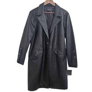 MARC NEW YORK Women's M Black Faux Leather Trench Coat Button Front Long‎ Sleeve